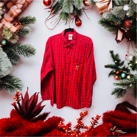 Disney Store Mickey Mouse Long Sleeve Button Down Red Plaid Men’s Size XL - Picture 1 of 7